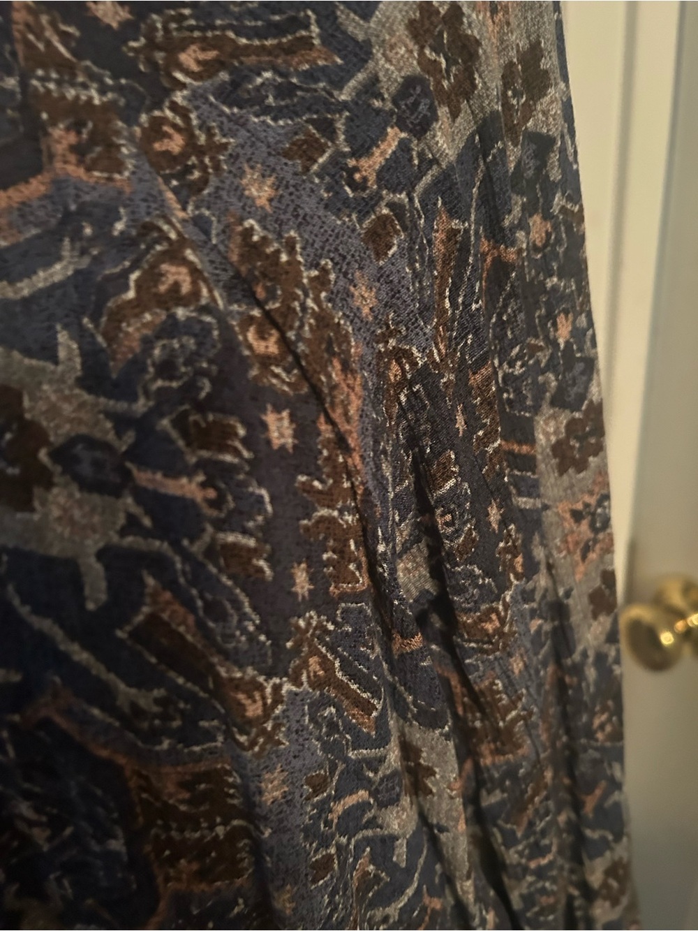 Blue and Brown Printed Women's Blouse - Soft Draped Long-Sleeve Top